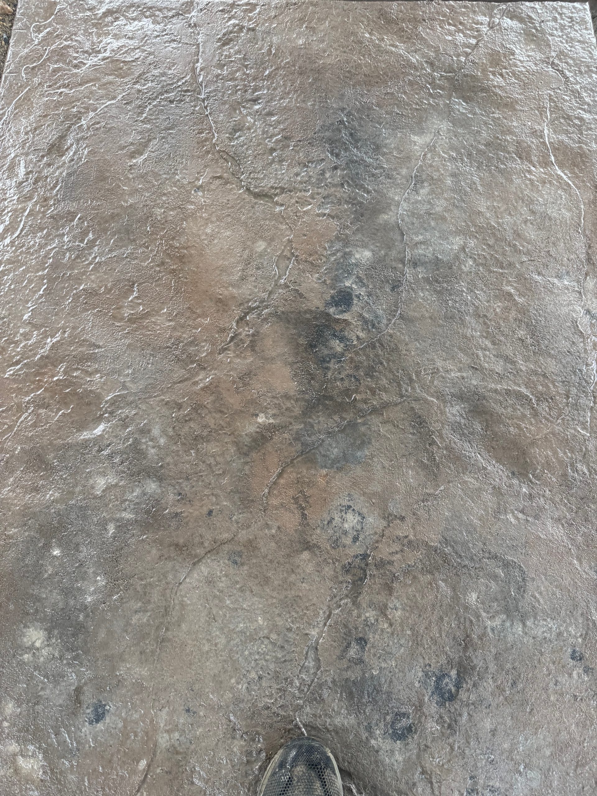 Stamped concrete patio with slate pattern finish in west-central Minnesota.